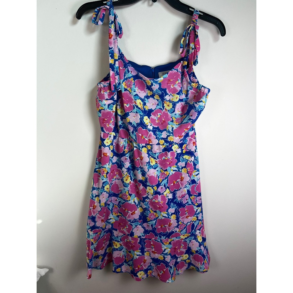 BCBGeneration Floral Print Fit Flare Dress Tie Shoulder Blue‎ Pink Sz 2 NWT